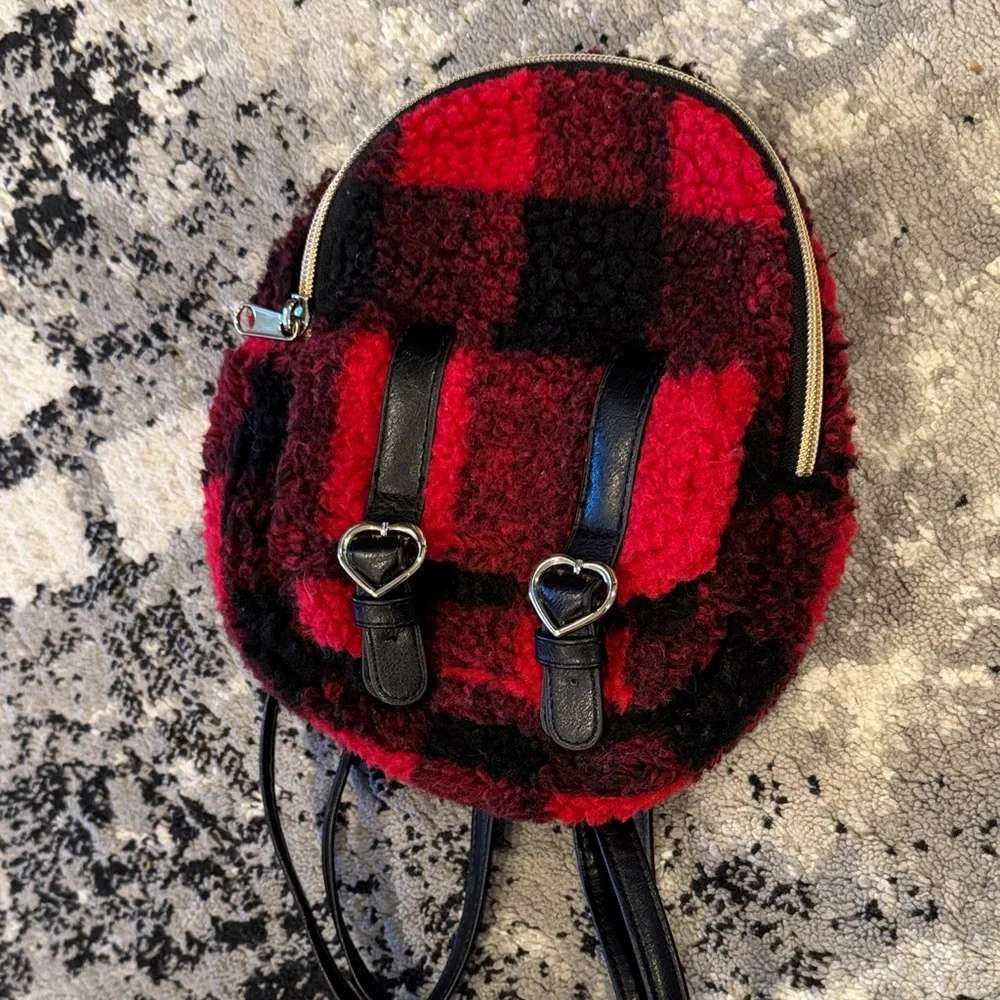Red and Black Sherpa Plaid Mini Backpack